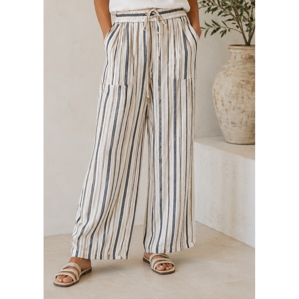 Striped Wide-Leg Drawstring Pants - Cream & Navy